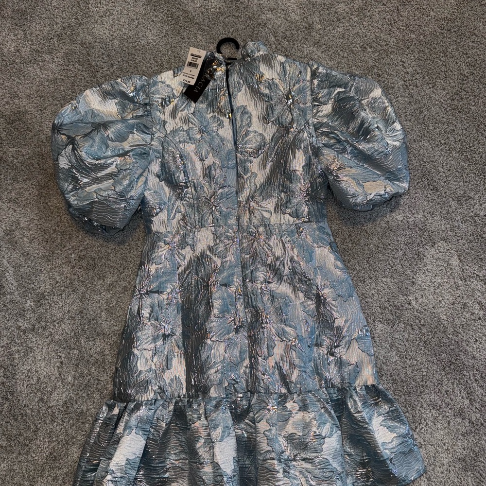 Gracia Metallic Pale Blue Floral Puff Sleeve Midi Dress